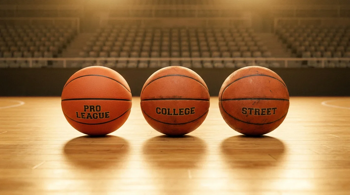 Баскетболни топки и емблеми на различни лиги — NBA, EuroLeague и българската НБЛ